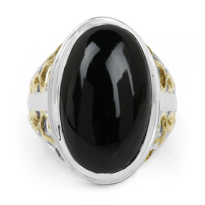 Two Tone Plated 10.92 Carat Genuine Black Onyx .925 Sterling Silver Ring Bids.com
