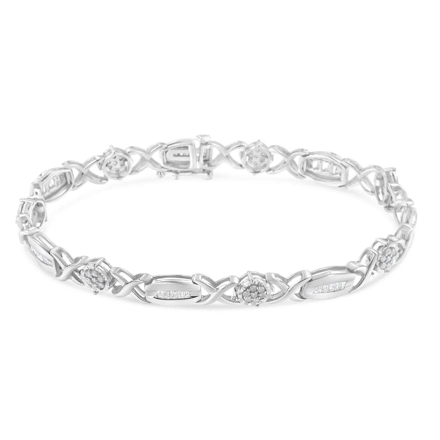 .925 Sterling Silver 1.0 Cttw Round-Cut and Baguette-Cut Diamond X-Link Bracelet (I-J Color, I1-I2 Clarity) - 7" Bids.com