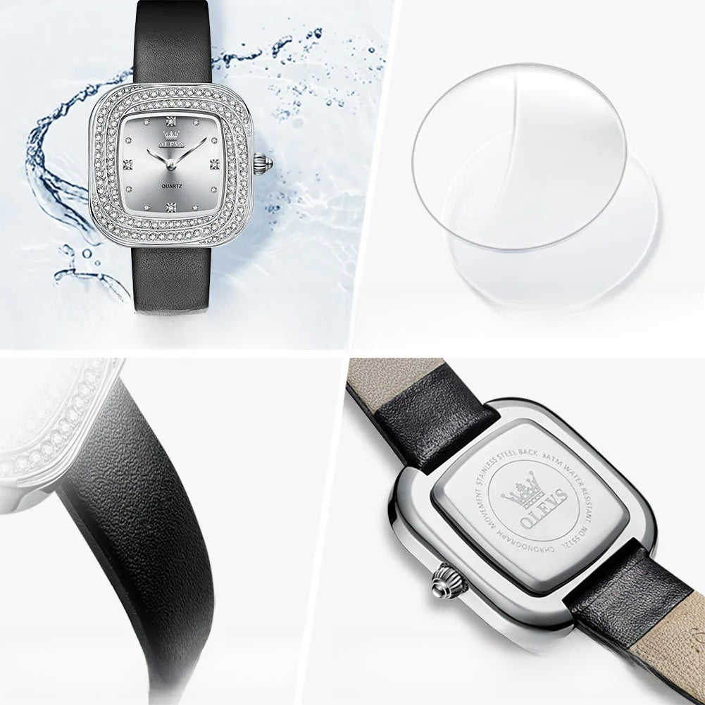 Women's Square Leather Quartz Watch Waterproof Elegant BandsCo Straps