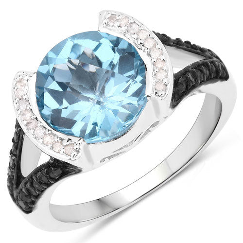 "4.99 Carat Genuine Swiss Blue Topaz, White Diamond and Black Diamond .925 Sterling Silver Ring Bids.com