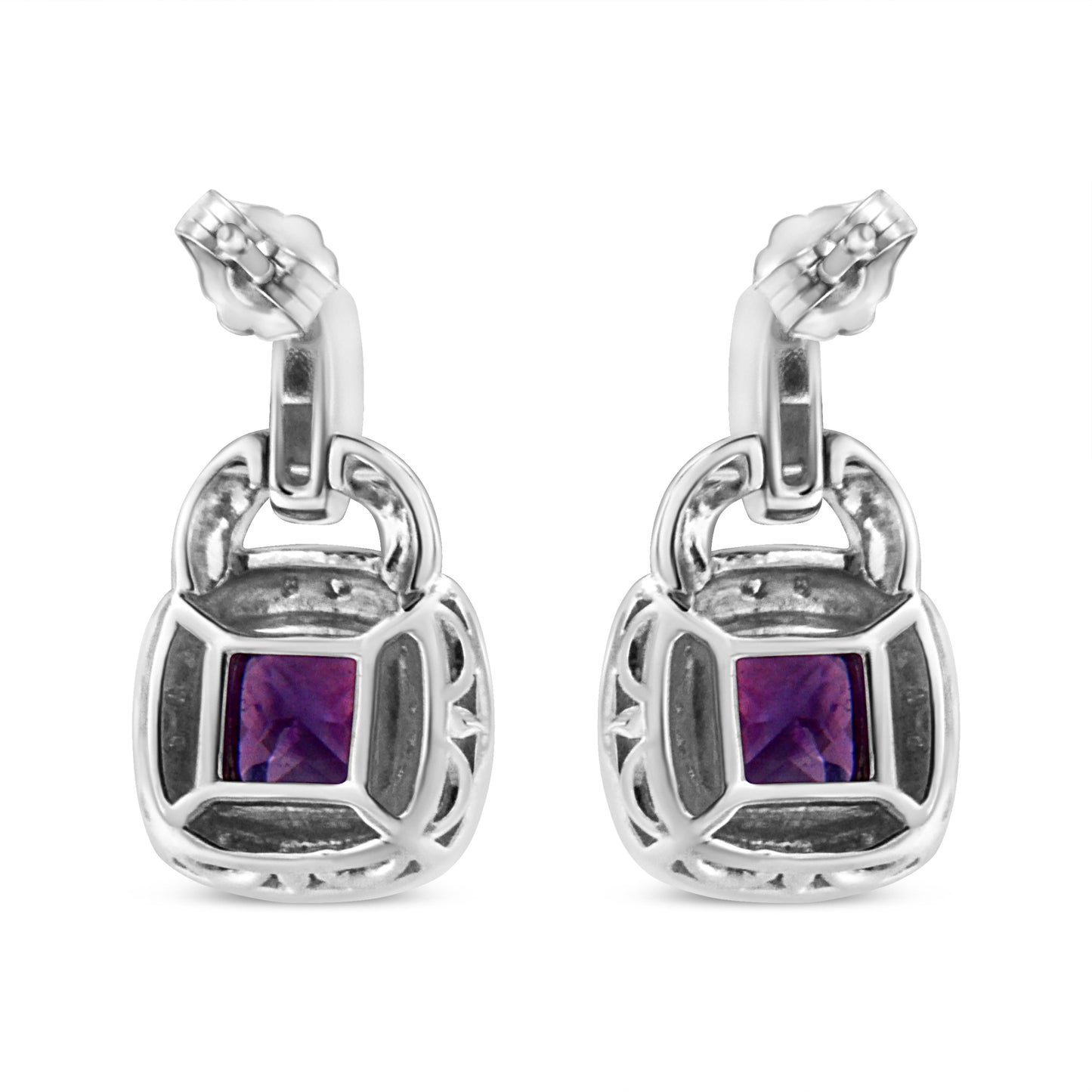 .925 Sterling Silver 8MM Natural Cushion Shaped Amethyst and Diamond Accent Halo with Push Back Dangle Earrings (I-J Color, I2-I3 Clarity) Bids.com