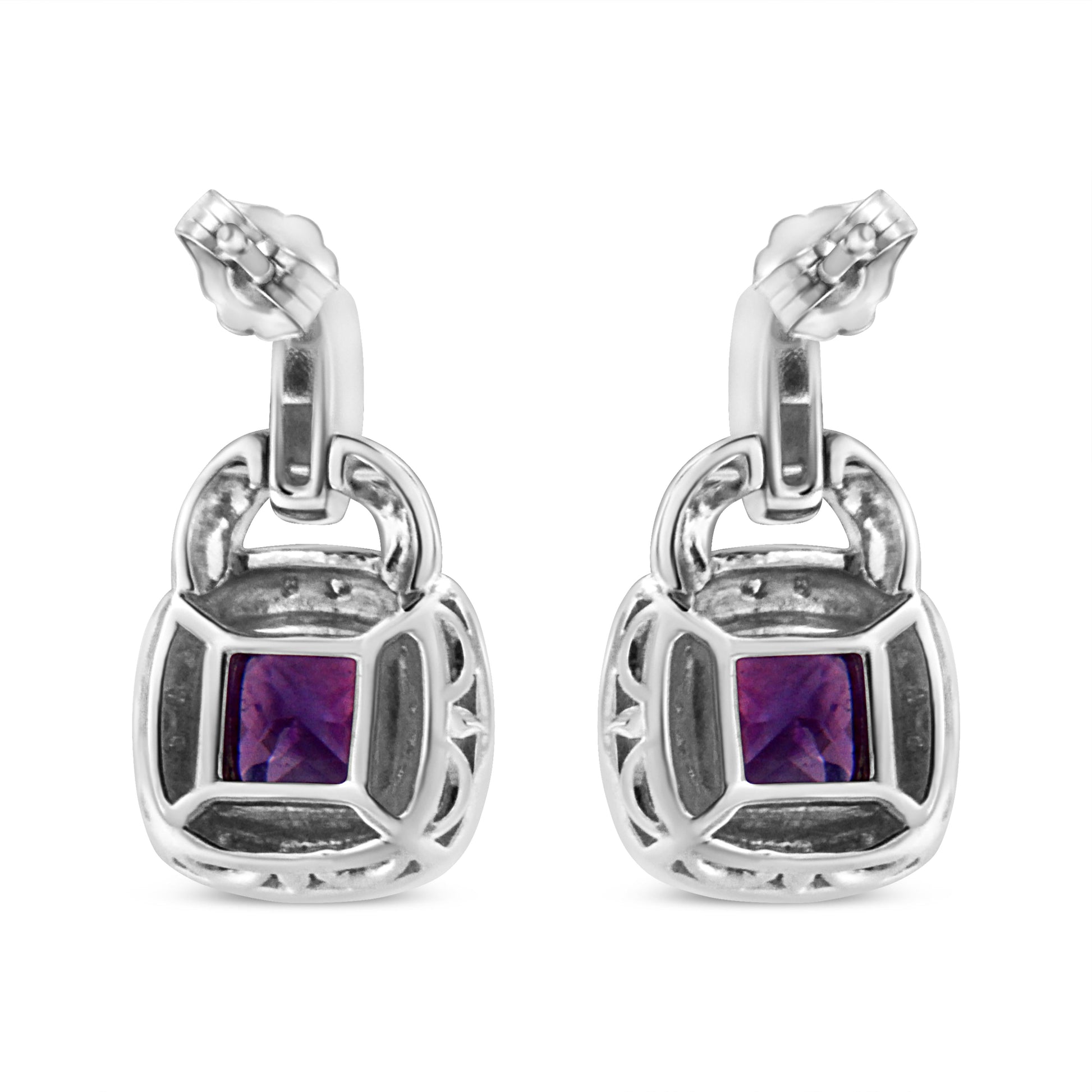 .925 Sterling Silver 8MM Natural Cushion Shaped Amethyst and Diamond Accent Halo with Push Back Dangle Earrings (I-J Color, I2-I3 Clarity) Bids.com