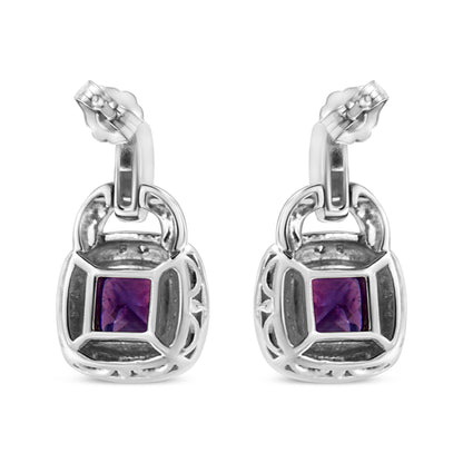 .925 Sterling Silver 8MM Natural Cushion Shaped Amethyst and Diamond Accent Halo with Push Back Dangle Earrings (I-J Color, I2-I3 Clarity) Bids.com