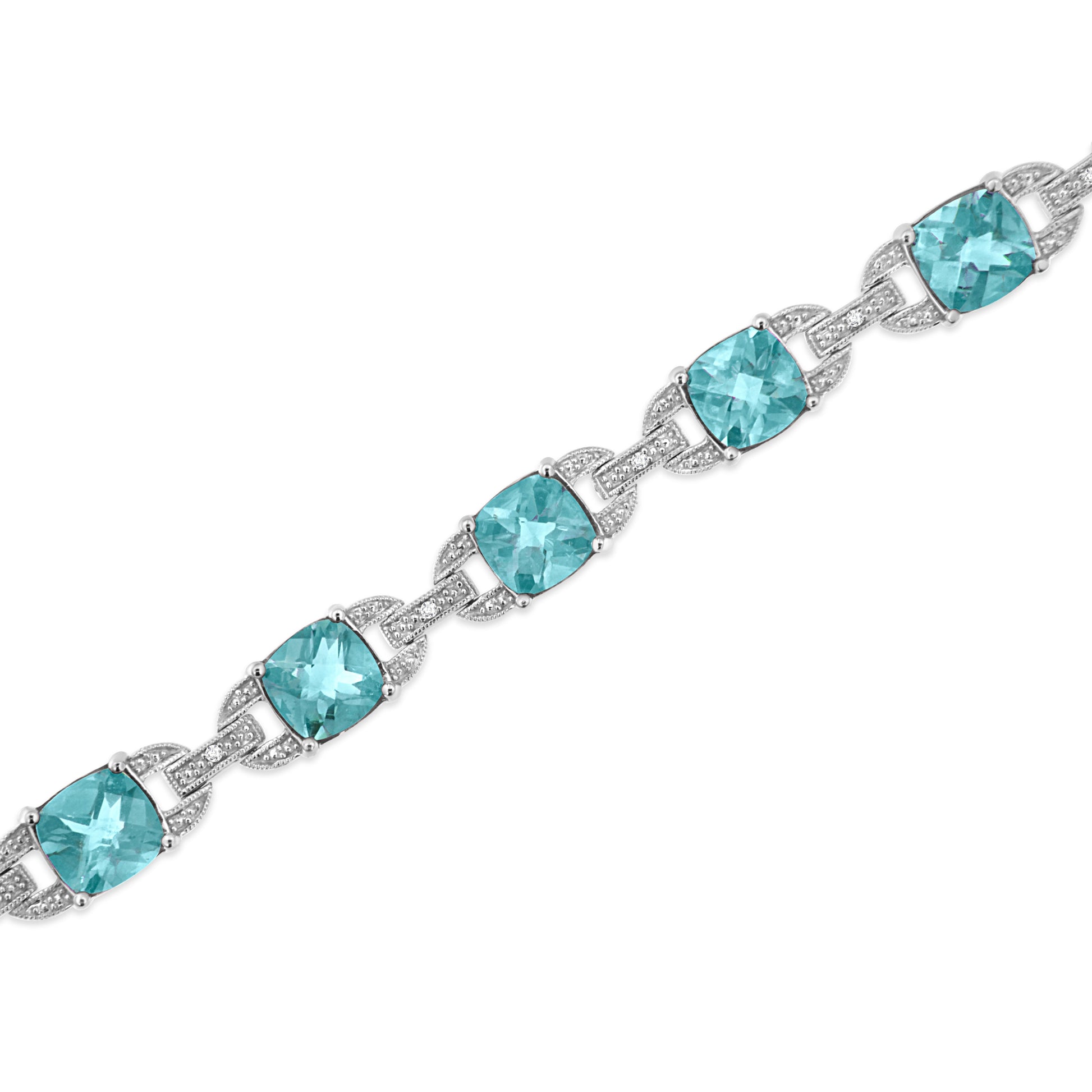 .925 Sterling Silver 7x7 mm Cushion Cut Blue Topaz and 1/20 cttw Round Cut Diamond Fashion Tennis Bracelet (I-J Color, I1-I2 Clarity) - 7" Bids.com
