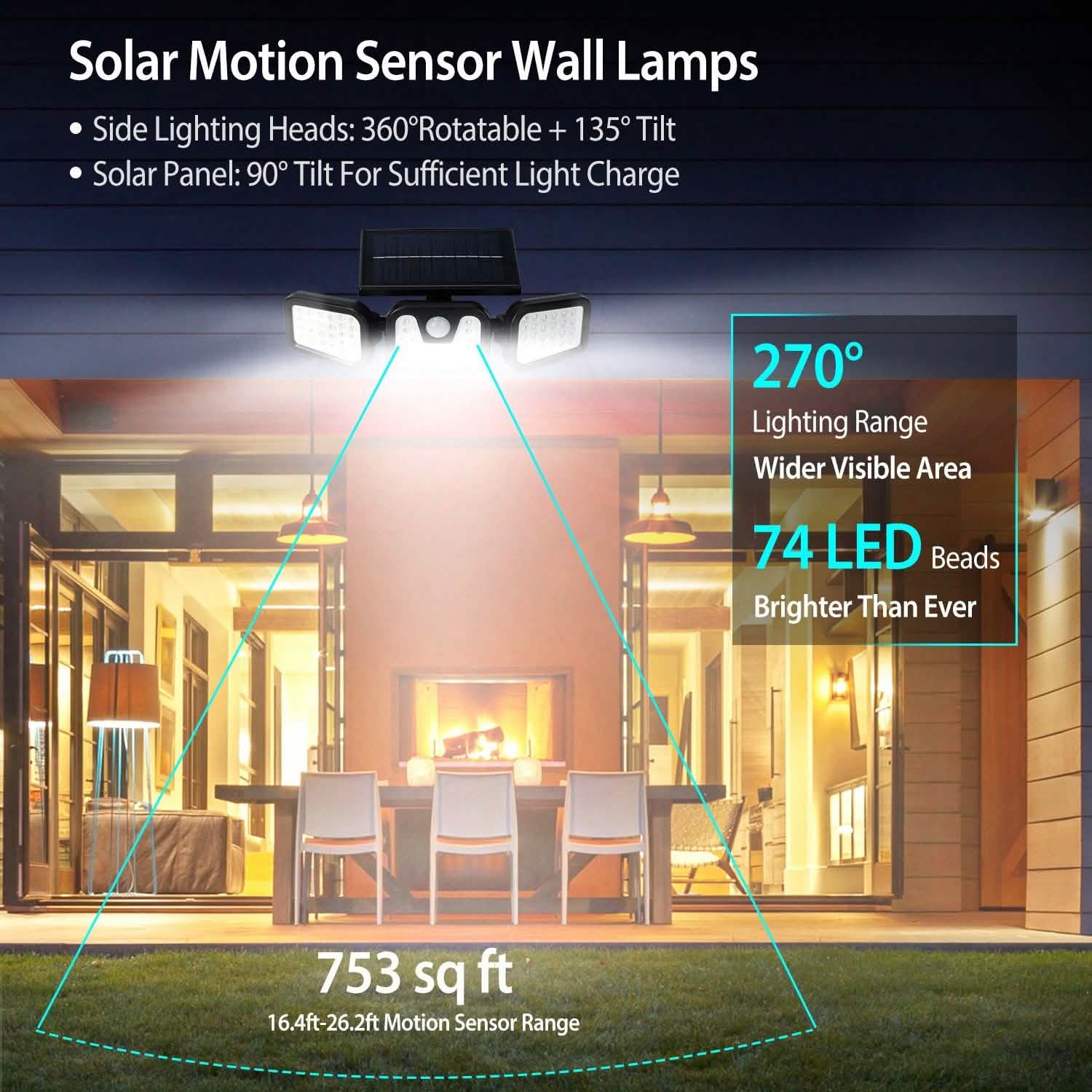 74 LEDs 3 Adjustable Solar Head Motion Sensor Flood Light DailySale