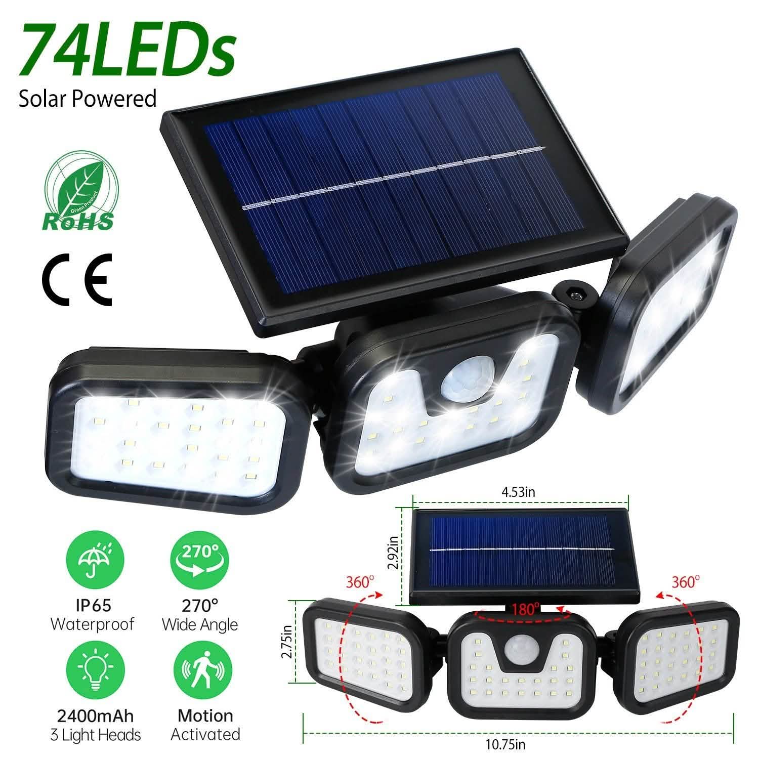 74 LEDs 3 Adjustable Solar Head Motion Sensor Flood Light DailySale