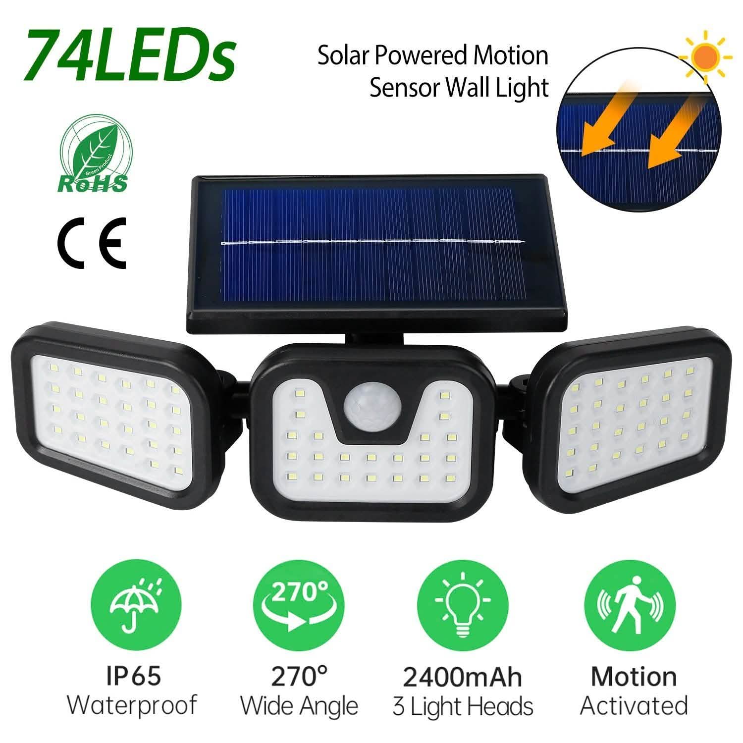 74 LEDs 3 Adjustable Solar Head Motion Sensor Flood Light DailySale