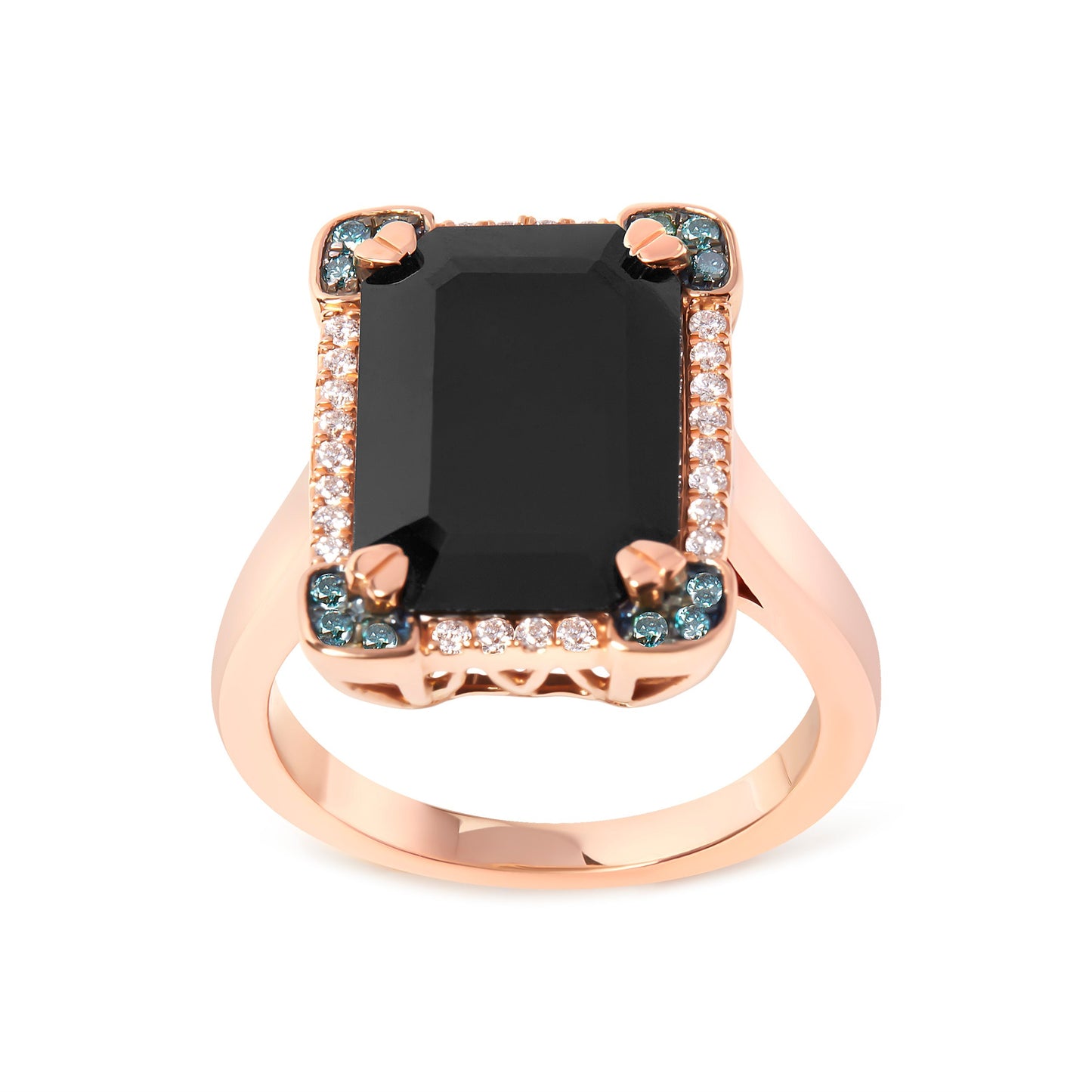 14K Rose Gold 15x10 MM Emerald-Cut Black Onyx and 1/5 Cttw Blue and White Diamond Halo Cocktail Ring (G-H Color, SI1-SI2 Clarity)- Size 7 Bids.com