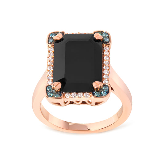 14K Rose Gold 15x10 MM Emerald-Cut Black Onyx and 1/5 Cttw Blue and White Diamond Halo Cocktail Ring (G-H Color, SI1-SI2 Clarity)- Size 7 Bids.com