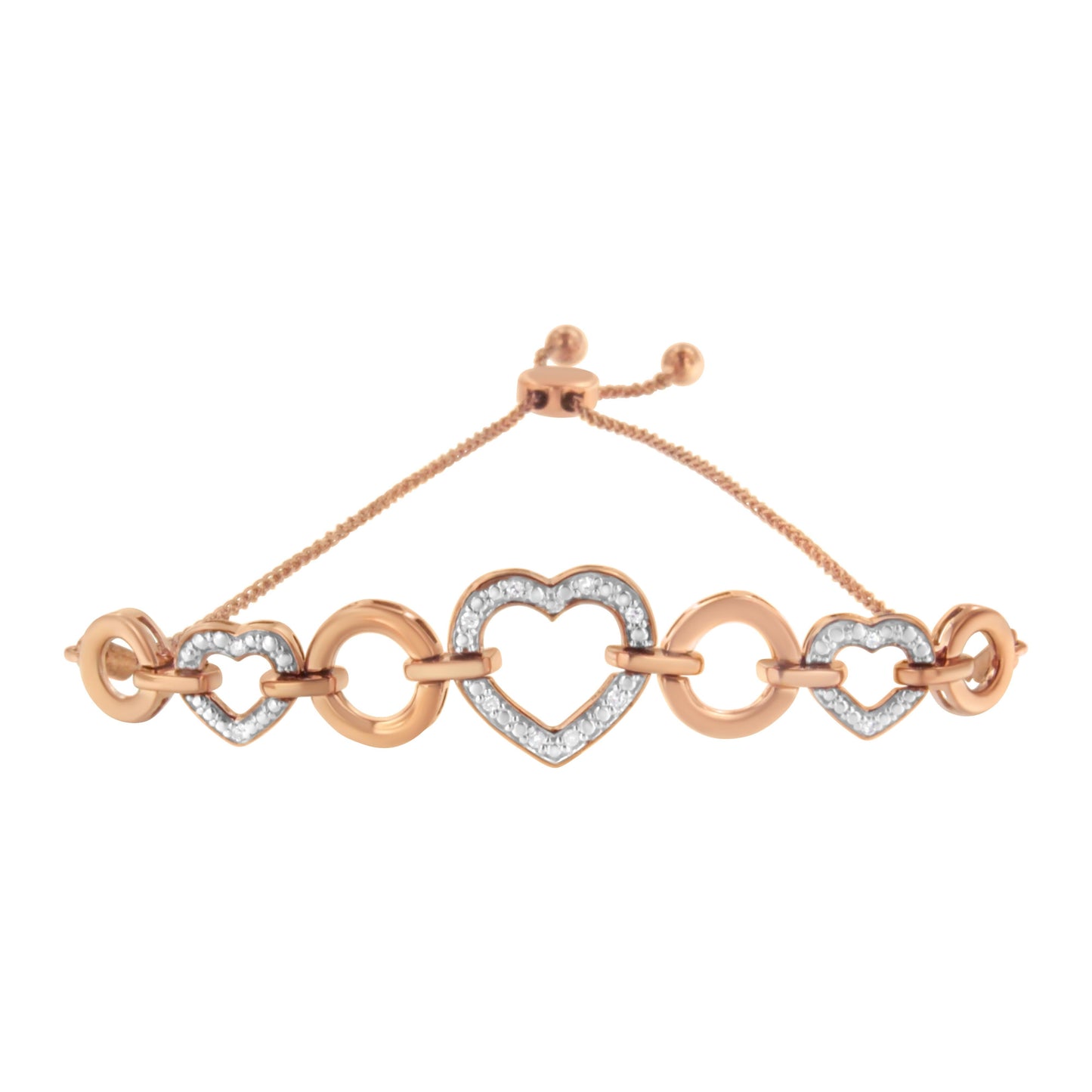 14K Rose Gold Plated .925 Sterling Silver Diamond Accent Circle and Heart Link Adjustable 6â€-10â€ Bolo Bracelet (I-J Color, I3 Clarity) Bids.com
