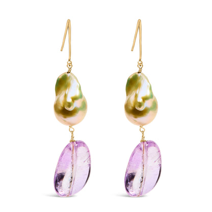 14K Yellow Gold Amethyst and Baroque Pearl Drop and Dangle Earrings 2" Inch Dangle Length Bids.com