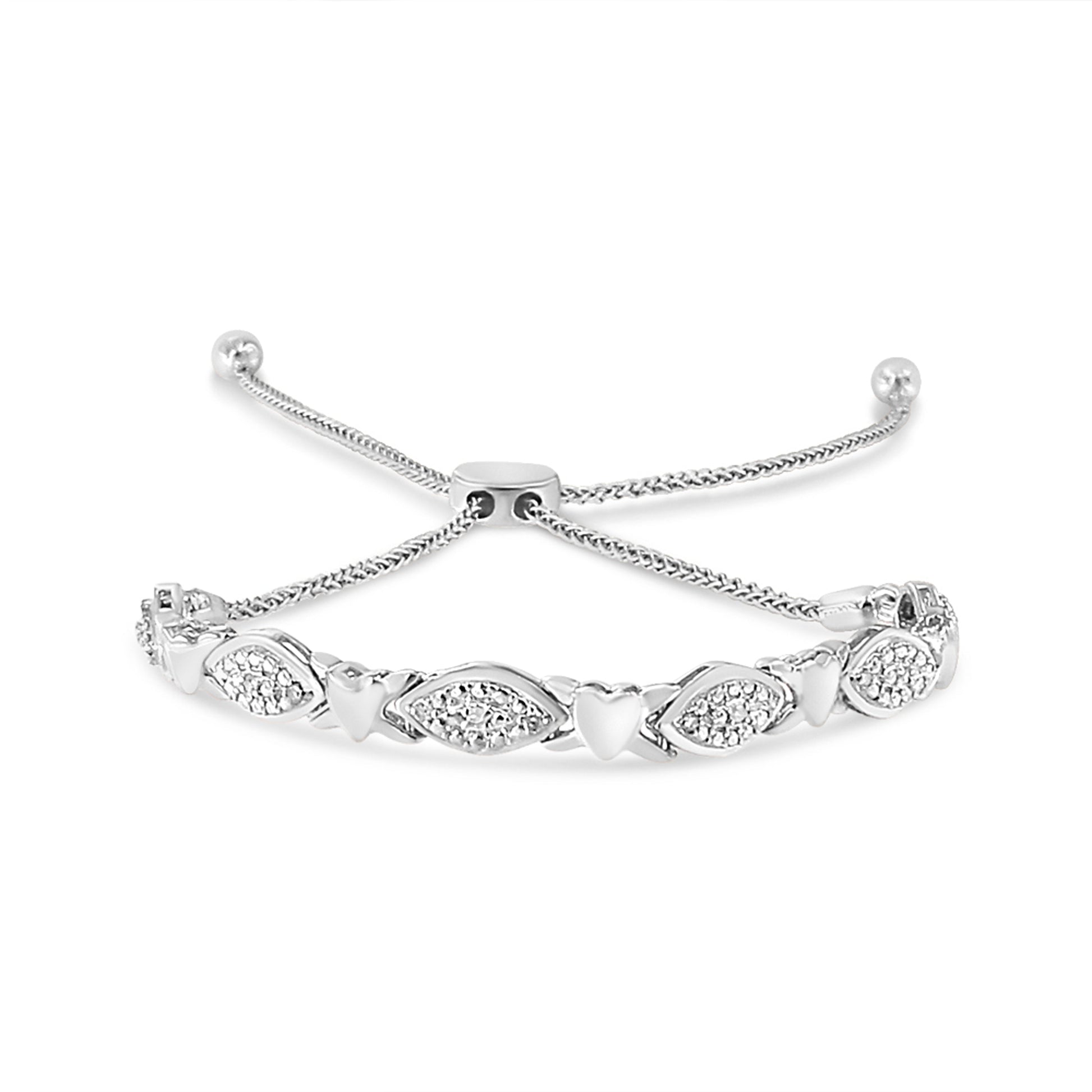 14K Yellow Gold Plated .925 Sterling Silver Diamond Accent Alternating Marquise Shape and Heart Links Bolo Bracelet (I-J Color, I3 Clarity) - Adjustable 6" to 9" Bids.com