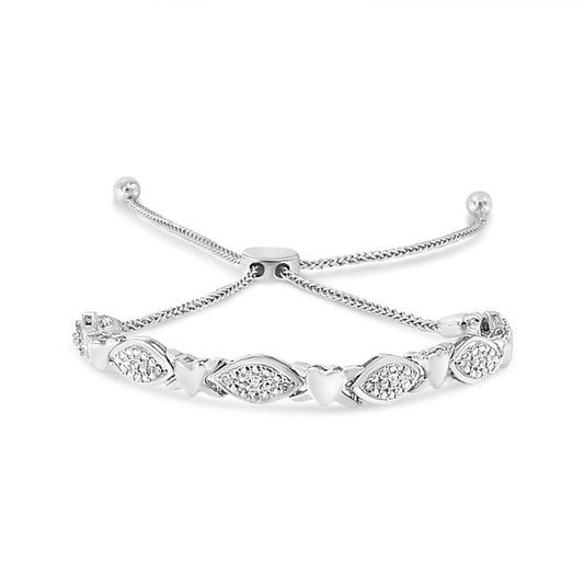 14K Yellow Gold Plated .925 Sterling Silver Diamond Accent Alternating Marquise Shape and Heart Links Bolo Bracelet (I-J Color, I3 Clarity) - Adjustable 6" to 9" Bids.com
