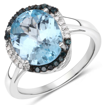 5.27 Carat Genuine Swiss Blue Topaz, Blue Diamond and White Diamond .925 Sterling Silver Ring Bids.com