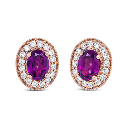 14K Rose Gold 7x5mm Oval Cut Garnet and 3/8 Cttw Round Diamond Halo Stud Earrings (G-H Color, SI1-SI2 Clarity) Bids.com