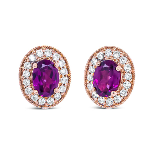 14K Rose Gold 7x5mm Oval Cut Garnet and 3/8 Cttw Round Diamond Halo Stud Earrings (G-H Color, SI1-SI2 Clarity) Bids.com
