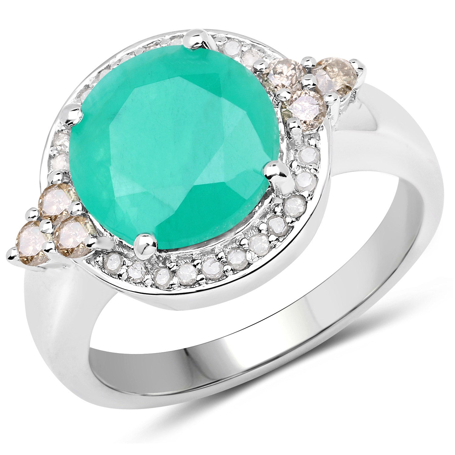 3.51 Carat Genuine Emerald, Champagne Diamond and White Diamond .925 Sterling Silver Ring Bids.com
