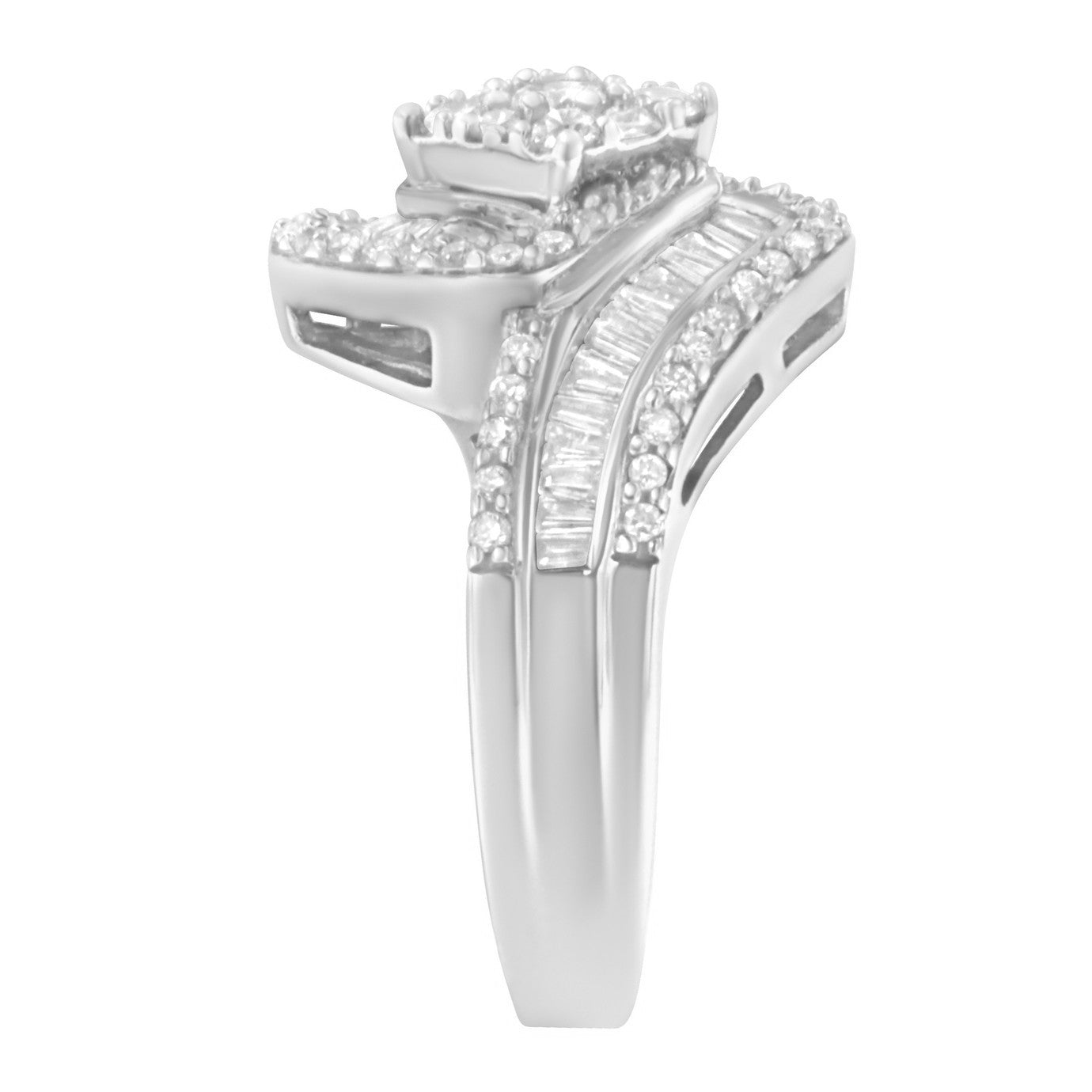 14K White Gold 1 Cttw Baguette and Round Diamond Floral Swirl Cluster Cocktail Ring Bids.com