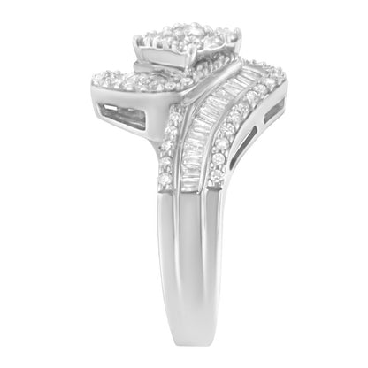 14K White Gold 1 Cttw Baguette and Round Diamond Floral Swirl Cluster Cocktail Ring Bids.com
