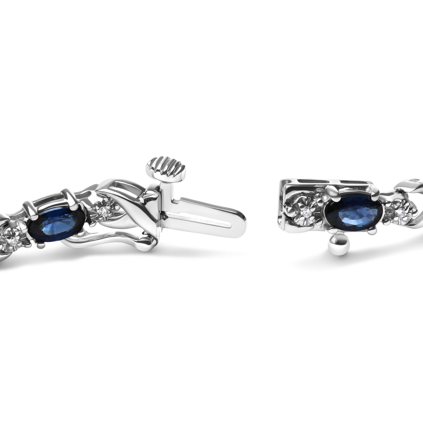 10K White Gold 5x4mm Oval Sapphire Gemstone and 1/10 Cttw Diamond Prong Set "X" Link Bracelet - Size 7" (H-I Color, SI1-SI2 Clarity) Bids.com
