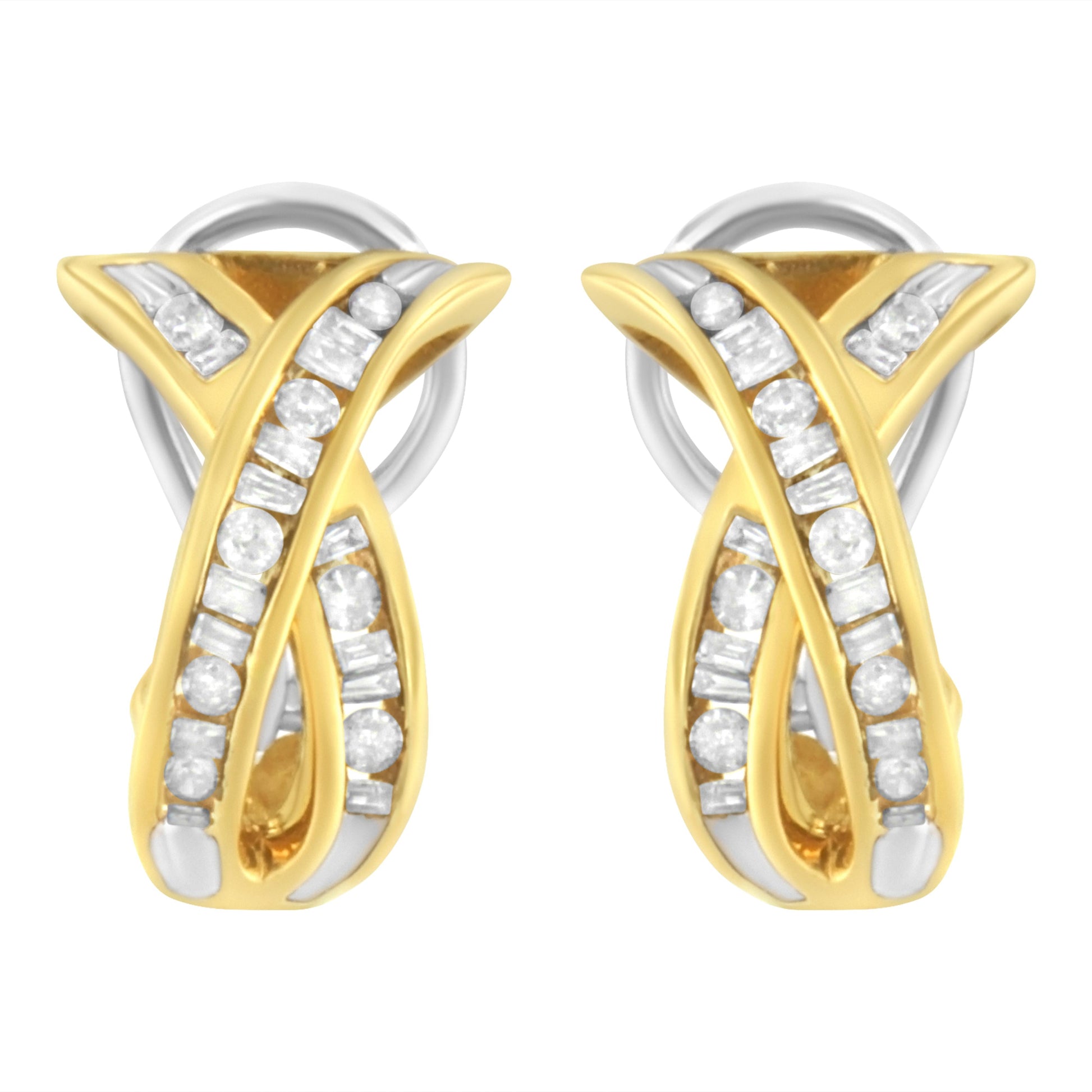 14K Yellow and White Gold 1/2 TDW "X" Shape Cross Over Diamond Hoop Earrings (I-J, I2-I3) Bids.com