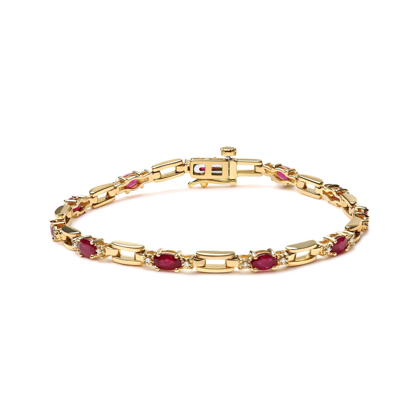 10K Yellow Gold Oval Ruby and 1/10 Cttw Diamond Bar Prong Set Bracelet (H-I Color, SI1-SI2 Clarity)  - Size 7" Bids.com