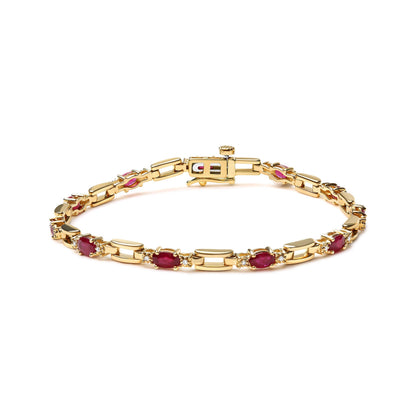 10K Yellow Gold Oval Ruby and 1/10 Cttw Diamond Bar Prong Set Bracelet (H-I Color, SI1-SI2 Clarity)  - Size 7" Bids.com