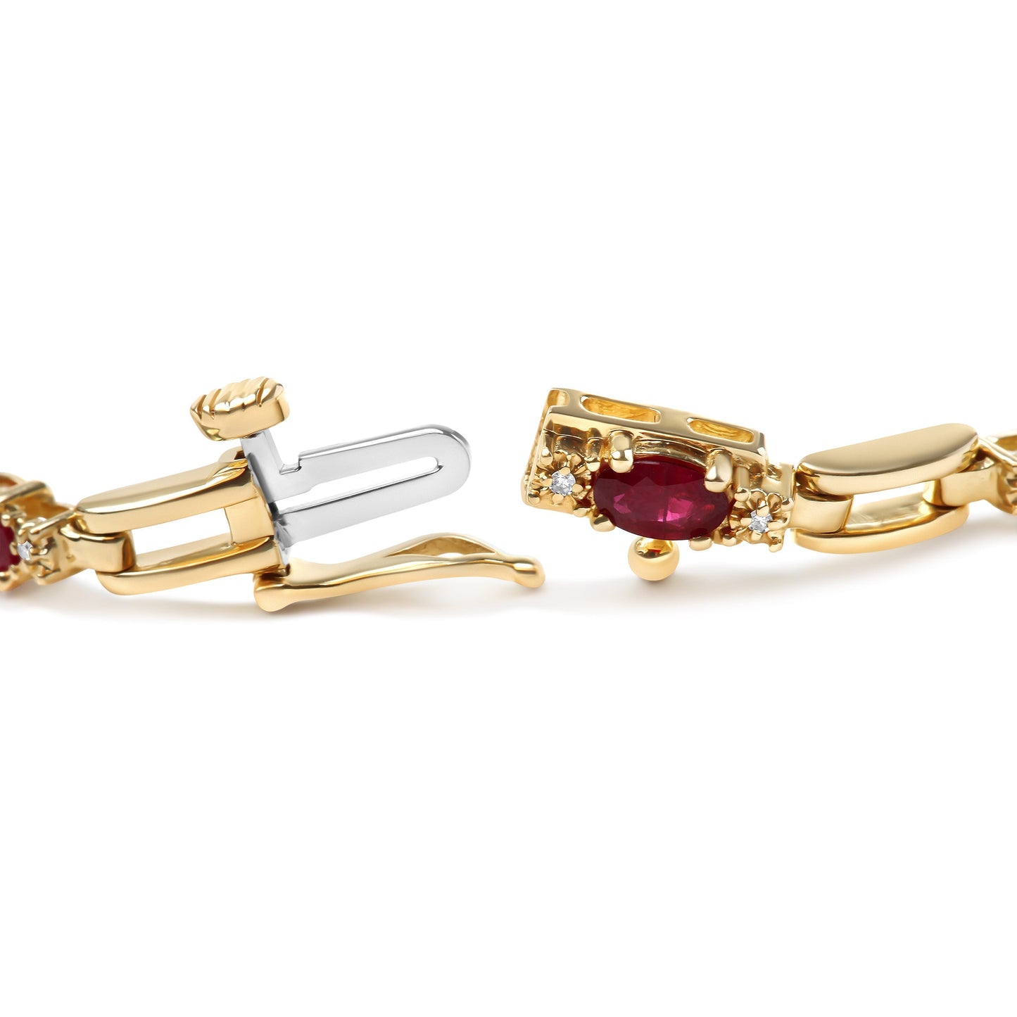 10K Yellow Gold Oval Ruby and 1/10 Cttw Diamond Bar Prong Set Bracelet (H-I Color, SI1-SI2 Clarity)  - Size 7" Bids.com