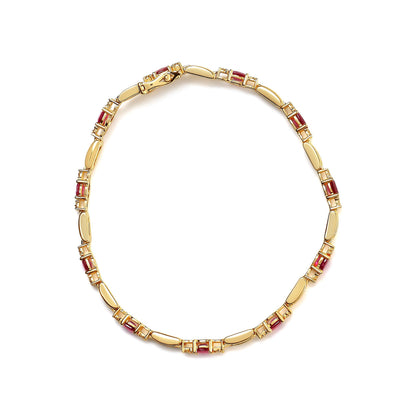 10K Yellow Gold Oval Ruby and 1/10 Cttw Diamond Bar Prong Set Bracelet (H-I Color, SI1-SI2 Clarity)  - Size 7" Bids.com