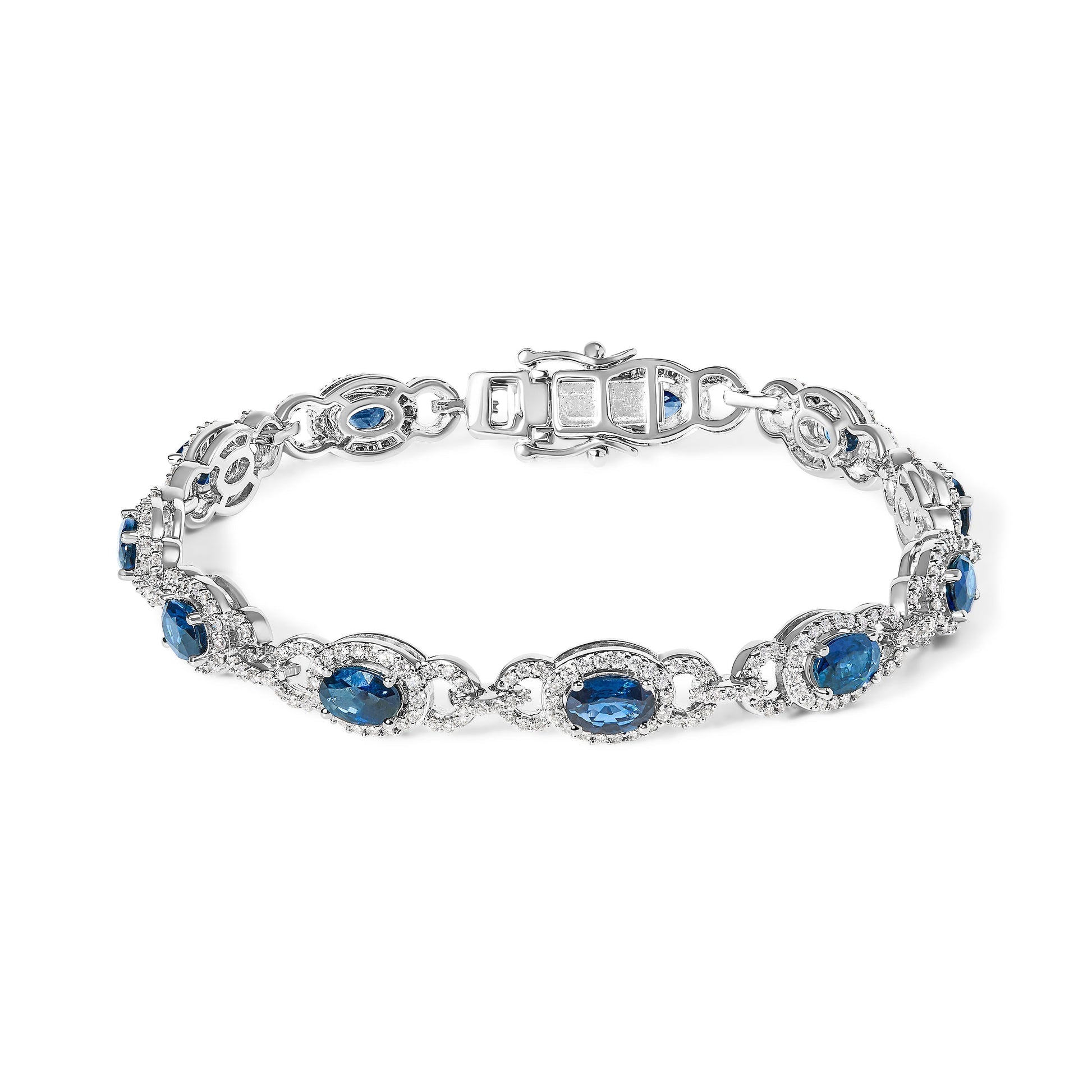 14K White Gold Vintage-Inspired Oval Blue Sapphire & Diamond Link Bracelet Bids.com