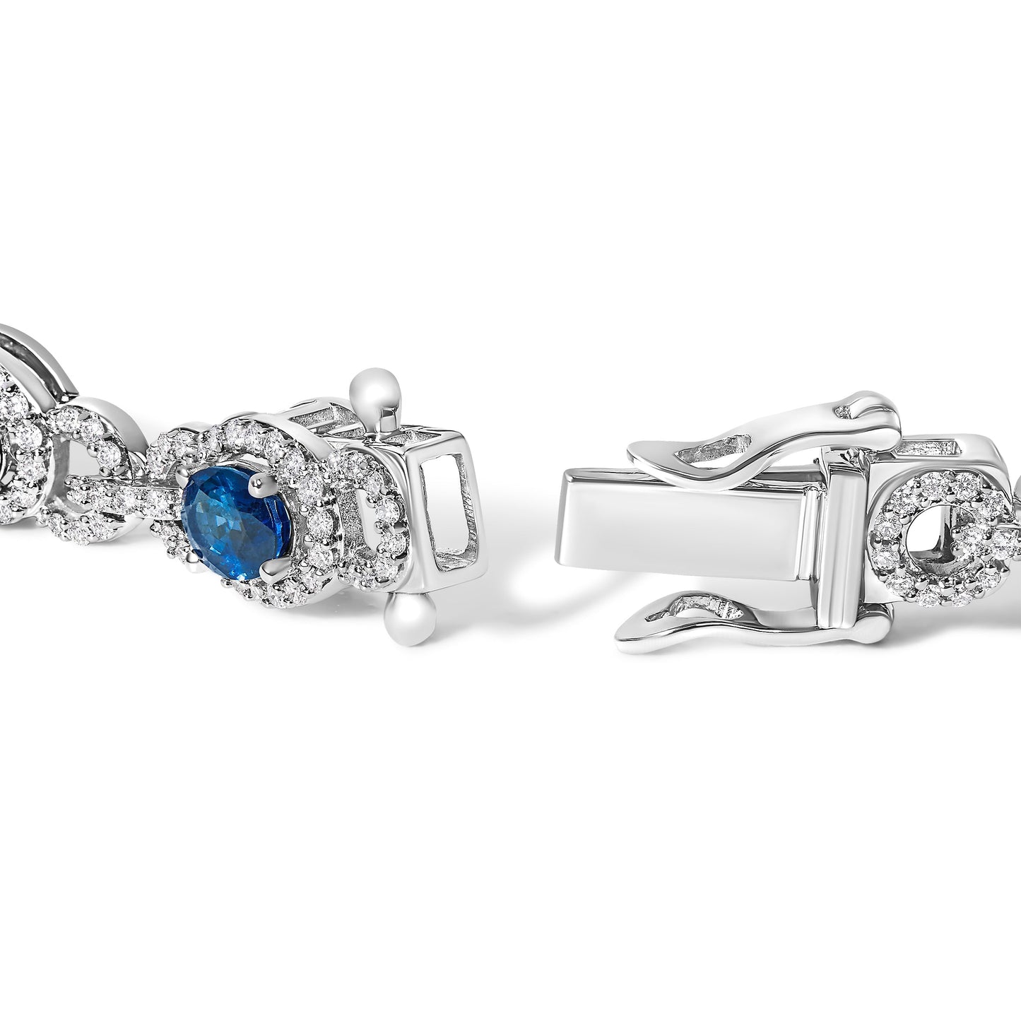 14K White Gold Vintage-Inspired Oval Blue Sapphire & Diamond Link Bracelet Bids.com