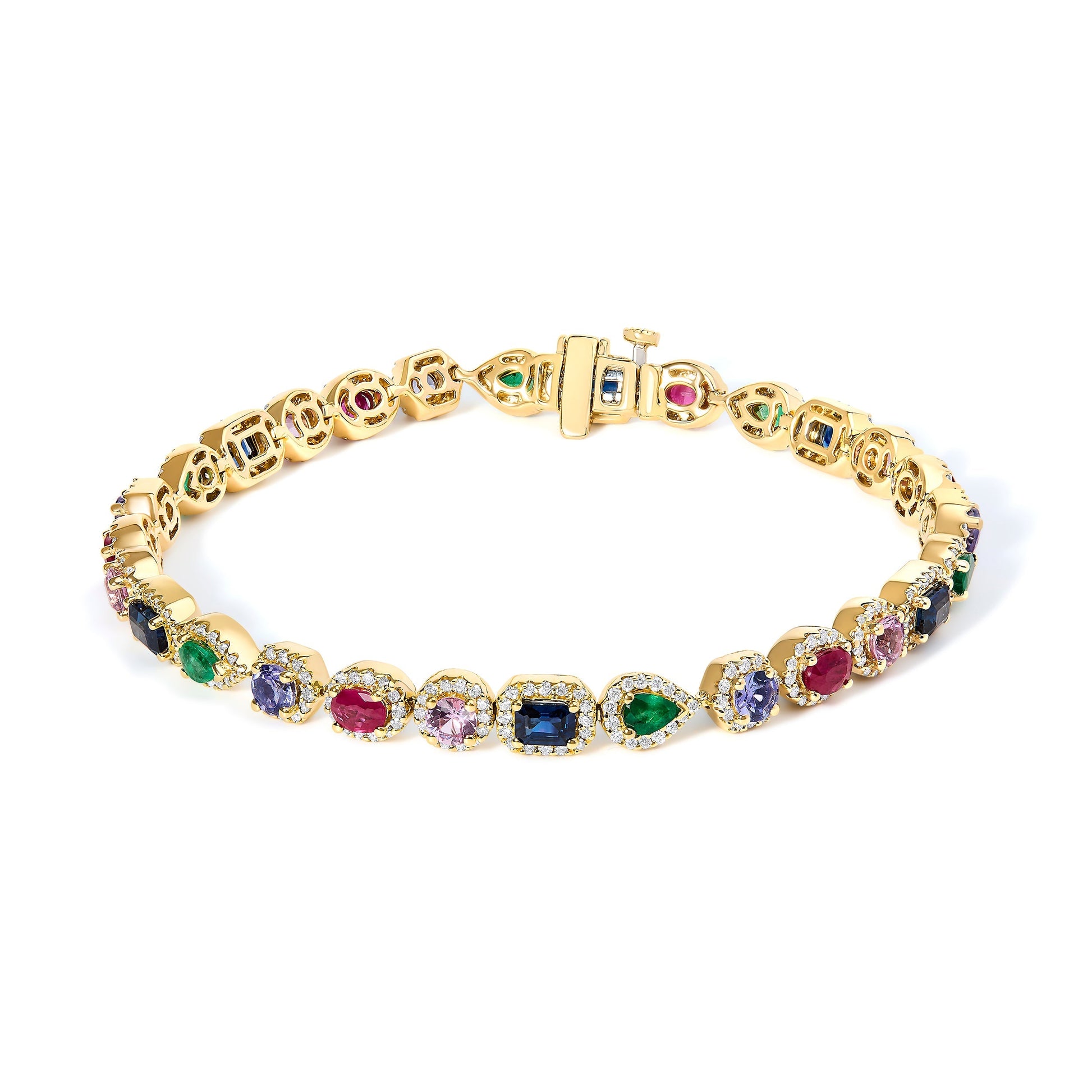 14K Yellow Gold Multi-Gemstone  and Diamond Halo Rainbow Tennis Bracelet Bids.com