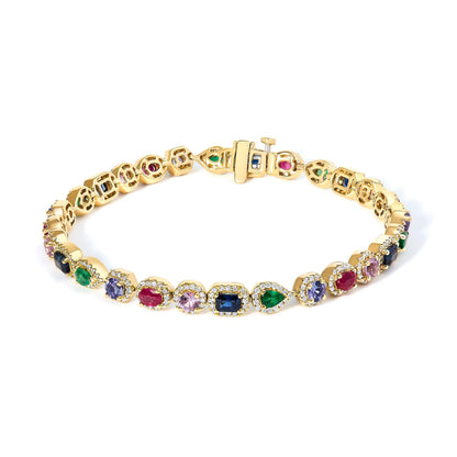 14K Yellow Gold Multi-Gemstone  and Diamond Halo Rainbow Tennis Bracelet Bids.com