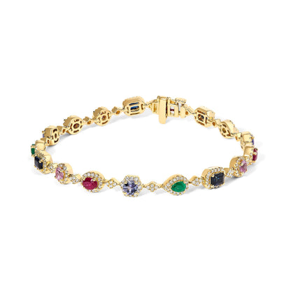 14K Yellow Gold Multi-Gemstone  and Diamond Halo Rainbow Link Bracelet Bids.com