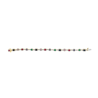14K Yellow Gold Multi-Gemstone  and Diamond Halo Rainbow Link Bracelet Bids.com