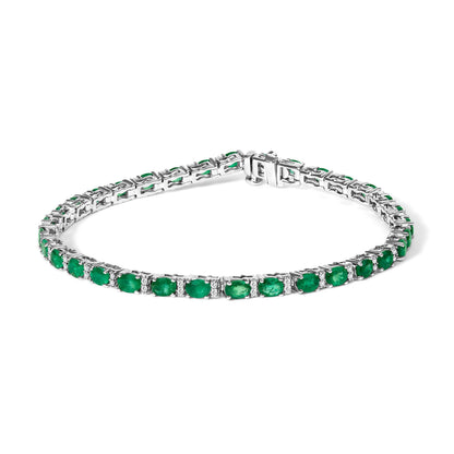 14K White Gold Alternating Oval Green Emerald and Diamond Tennis Bracelet Bids.com