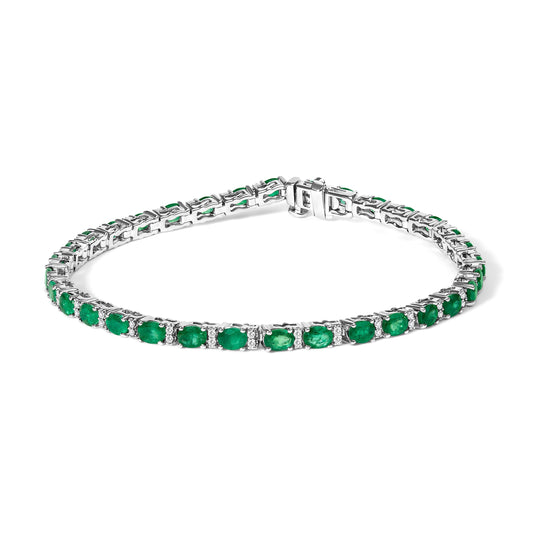 14K White Gold Alternating Oval Green Emerald and Diamond Tennis Bracelet Bids.com