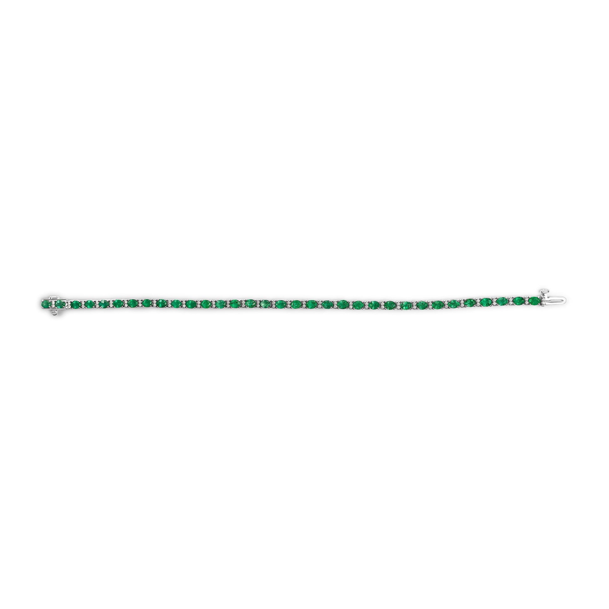 14K White Gold Alternating Oval Green Emerald and Diamond Tennis Bracelet Bids.com
