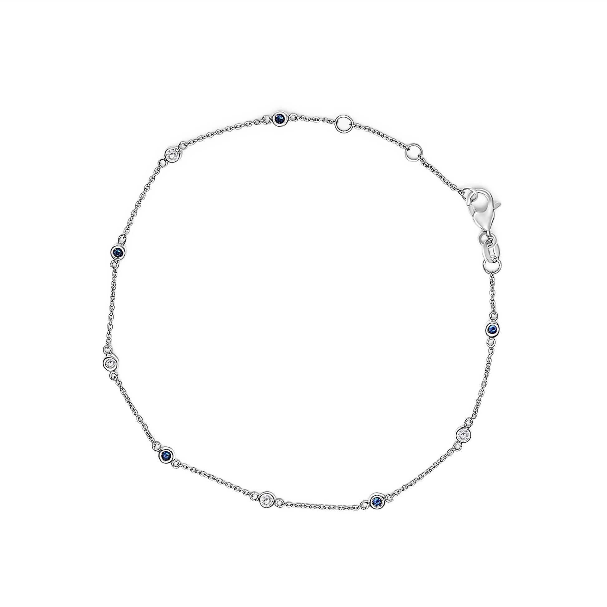 14K White Gold Alternating Blue Sapphire and White Diamond Bezel Station Chain Bracelet (I-J Color, SI2-I1 Clarity) - 8" Inches Bids.com