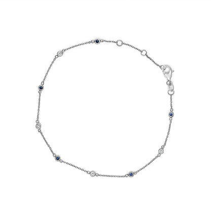 14K White Gold Alternating Blue Sapphire and White Diamond Bezel Station Chain Bracelet (I-J Color, SI2-I1 Clarity) - 8" Inches Bids.com