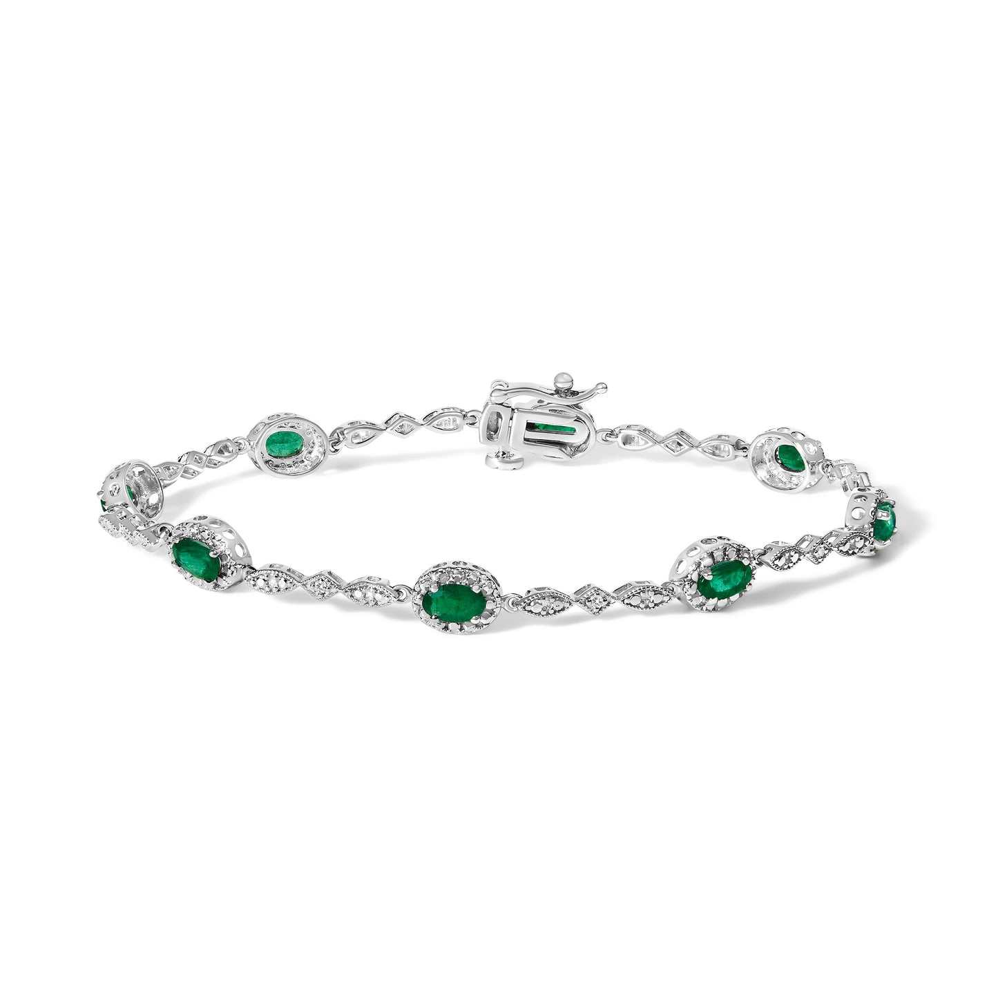 10K White Gold Oval Green Emerald & Diamond Alternating Link Bracelet Bids.com