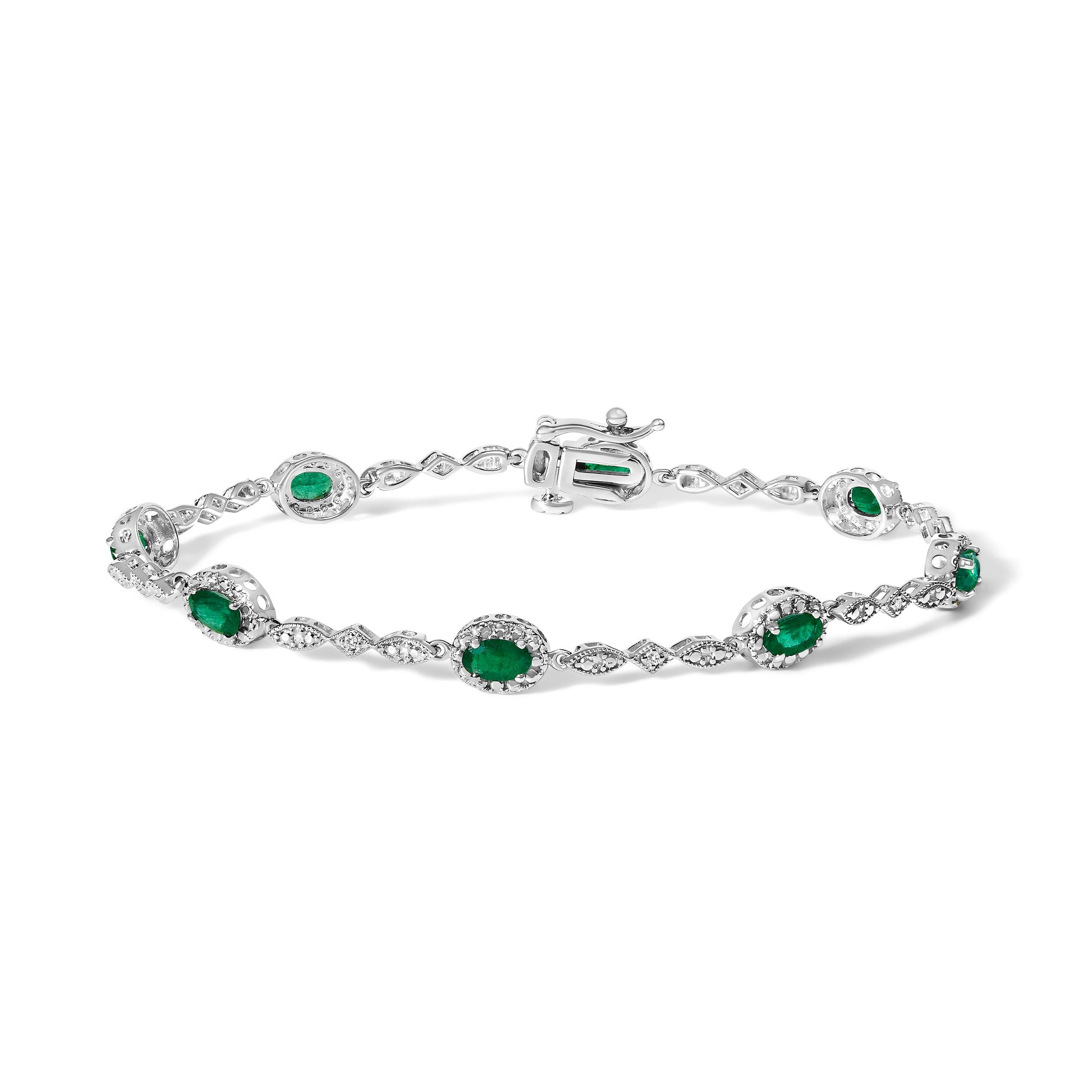 10K White Gold Oval Green Emerald & Diamond Alternating Link Bracelet Bids.com