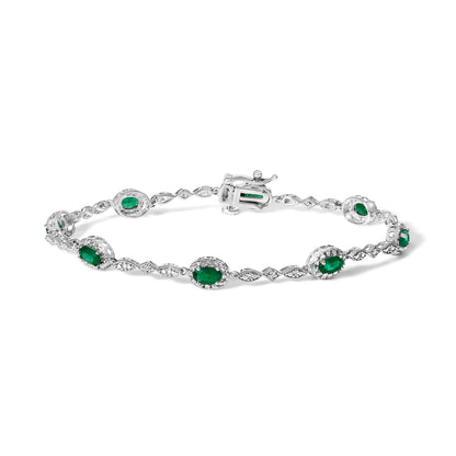 10K White Gold Oval Green Emerald & Diamond Alternating Link Bracelet Bids.com