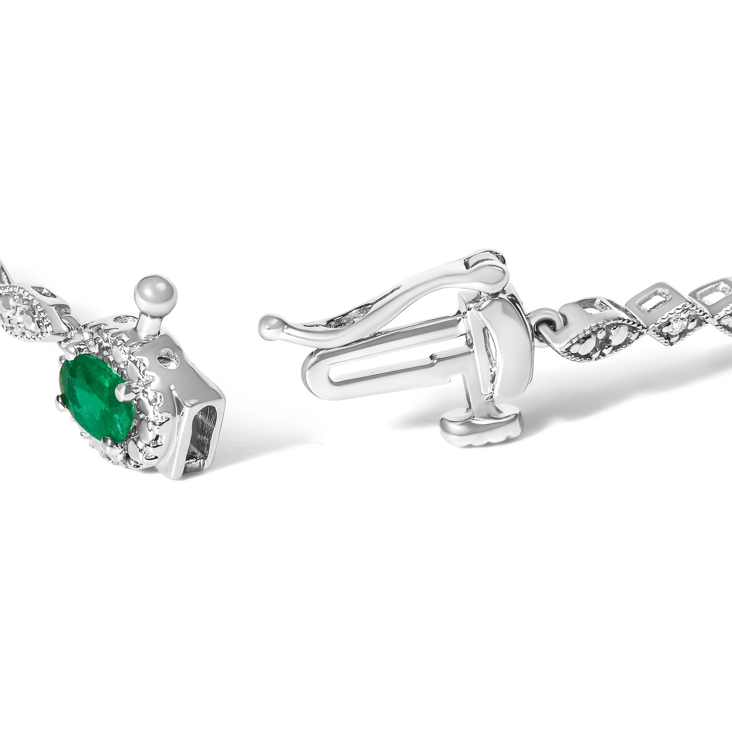 10K White Gold Oval Green Emerald & Diamond Alternating Link Bracelet Bids.com
