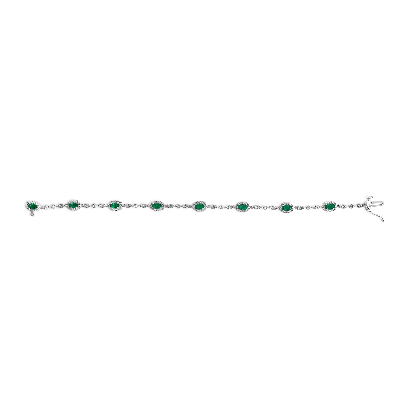 10K White Gold Oval Green Emerald & Diamond Alternating Link Bracelet Bids.com