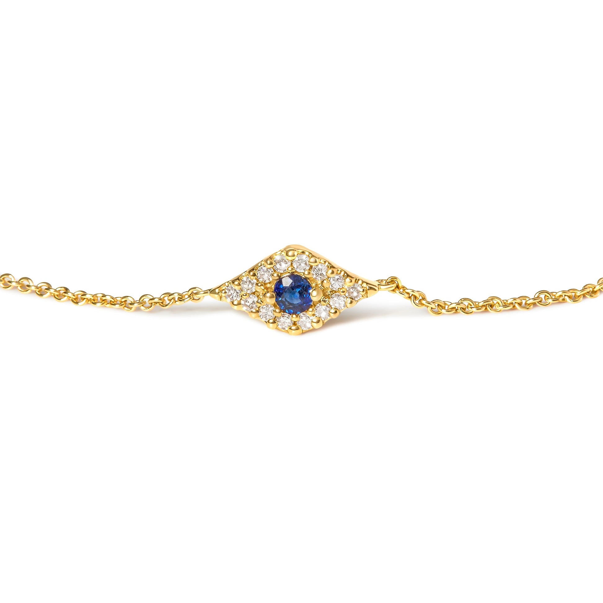 10K Yellow Gold Blue Sapphire and Diamond Accent Evil Eye Station Link Bracelet  (H-I Color, I1-I2 Clarity) - Size 7" Bids.com