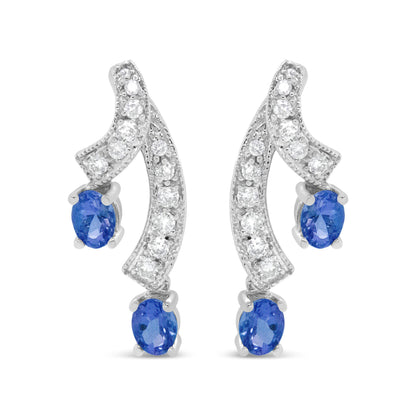 14K White Gold 4x3MM Oval Shaped Natural Blue Tanzanite Gemstone and 1/5 Cttw Diamond Double 3/4" Inch Drop Stud Earrings (H-I Color, VS1-VS2 Clarity) Bids.com