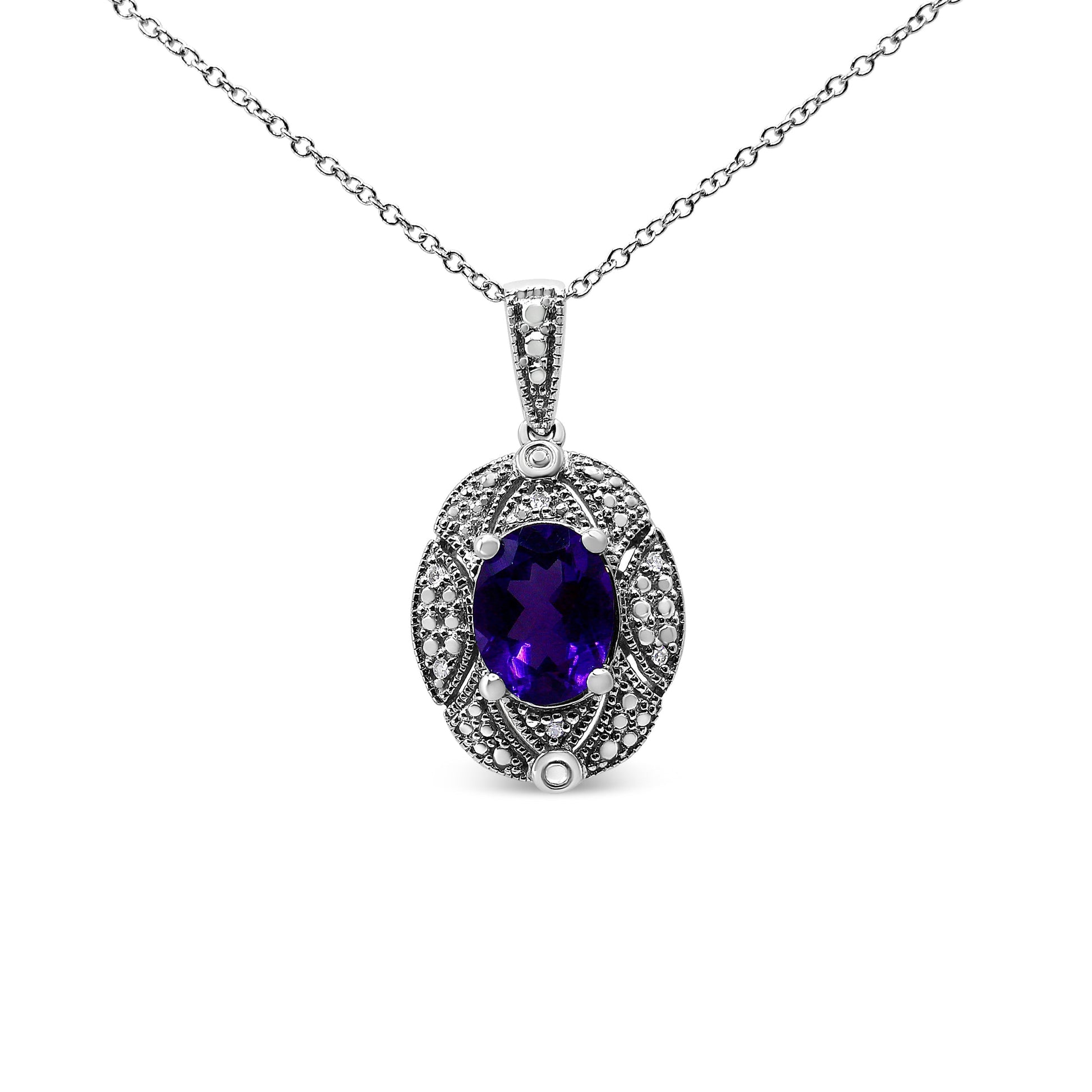 .925 Sterling Silver Diamond Accent and 9x7mm Purple Oval Amethyst Gemstone Pendant 18" Necklace (I-J Color, I1-I2 Clarity) Bids.com