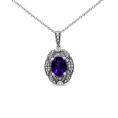 .925 Sterling Silver Diamond Accent and 9x7mm Purple Oval Amethyst Gemstone Pendant 18" Necklace (I-J Color, I1-I2 Clarity) Bids.com
