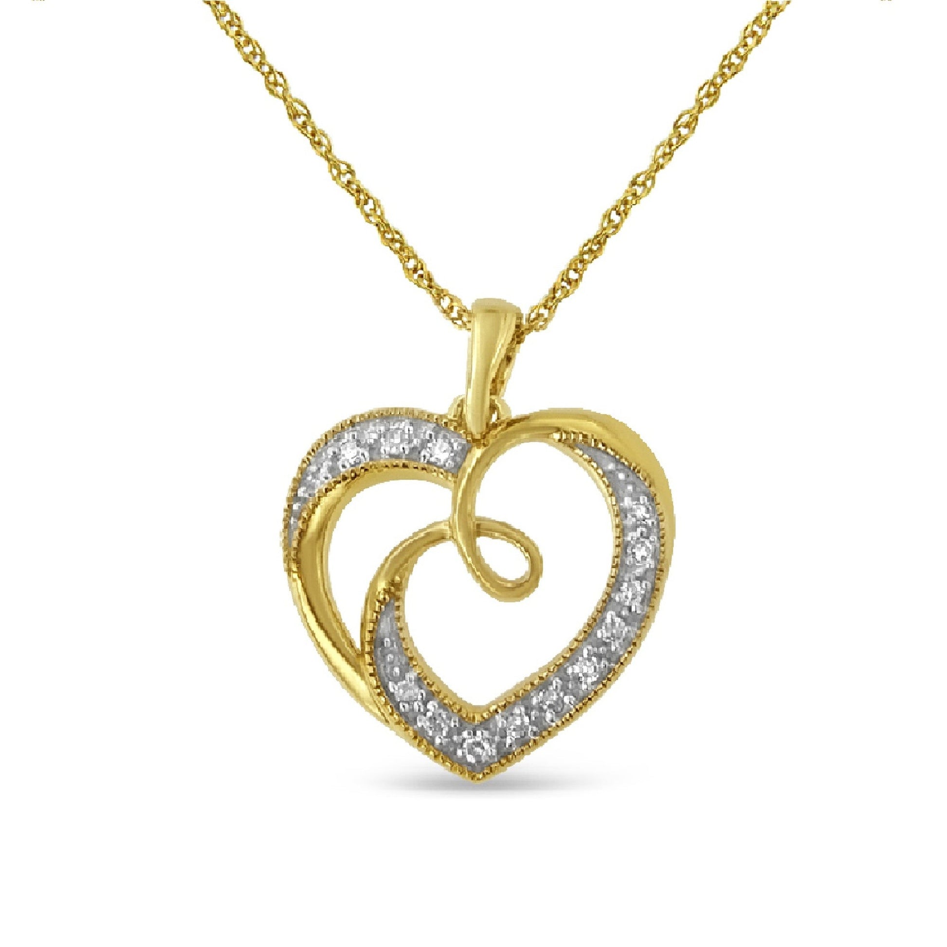 14K Yellow Gold Plated .925 Sterling Silver Diamond Accent Ribbon & Heart 18" Pendant Necklace (H-I Color, I2-I3 Clarity) Bids.com